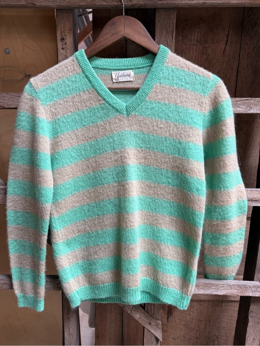 Vintage 50s Garland Fuzzy Hairy Striped V-Neck Sweater Mint Green Cream Tan XS S